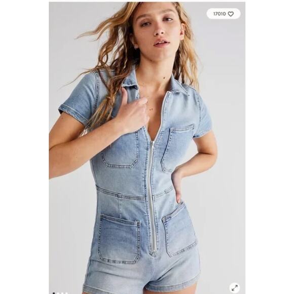 Free People Pants - NWT Free People Womens CRVY Lennox Shortsuit Romper Denim Zip Up Blue Size 14